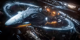 a futuristic vehicle with its lights glowing and a large metal object