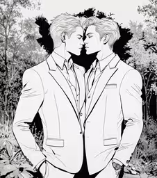 two people in suit jacket standing next to each other,two people wearing suits in front of a forest
