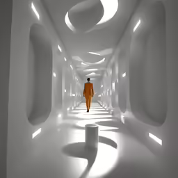 a yellow suit stands in the center of a white corridor