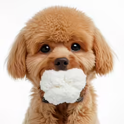 a small dog with a large bite in its mouth