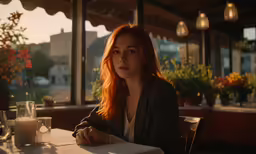 the woman with long hair sitting at a table alone in the dark