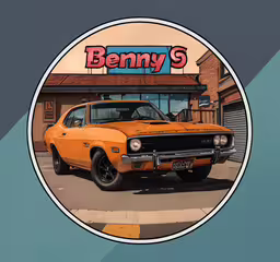 an illustration of a vintage orange chevrolet parked in front of a benny