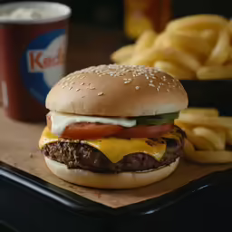 a hamburger with cheese, tomato and french fries on a table