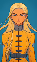 blonde haired woman in yellow outfit with a blue background