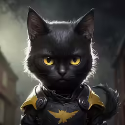 a cat with yellow eyes is dressed as batman