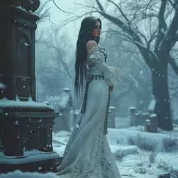a very pretty lady in a long white dress by a fountain,a woman in a white dress wearing fur