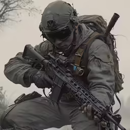 the soldier in camouflage holding a rifle
