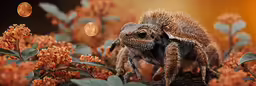 a small animal with its eyes closed, walking on top of flowers