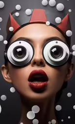 a woman with giant eyes and red lipstick