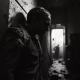 a man stands alone in a dark room, near a doorway