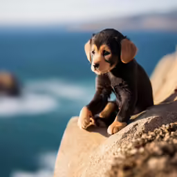 a small puppy dog is sitting on a rock and looking into the camera