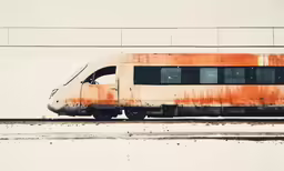 an orange train is going down a track