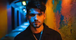 a young man wearing a dark jacket in an alley