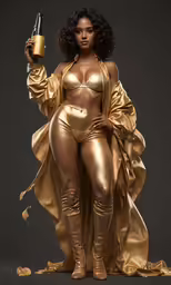 a woman dressed in gold and holding a wine glass