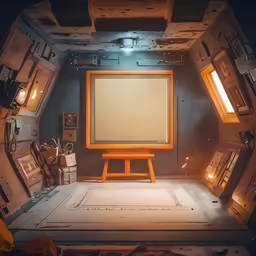 an empty room with large tv, cabinets, and lights
