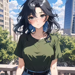 an anime woman wearing a green shirt and jeans