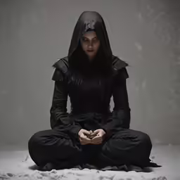 a woman in black wearing nun robes sits on a bed