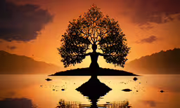 a silhouette of a tree on an island in water at sunset,a tree with a strange shaped head is silhouetted against a sunset