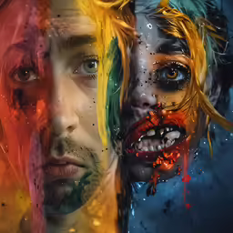 two people are looking at the same person in front of a rainbow - colored background