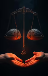 two hands holding a scale in the middle of a dark room with orange light coming out of them