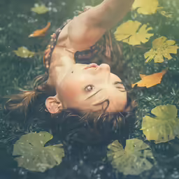 a girl laying down in a field with water lilies