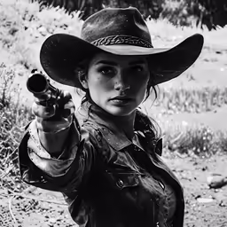 the girl is holding a gun pointing the camera at the photographer