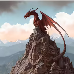 an orange dragon perched on top of a rock outcropping