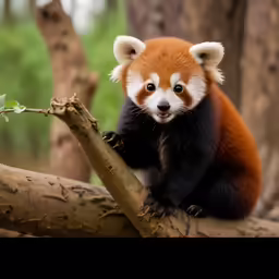 a red panda bear sitting on a branch in a forest
