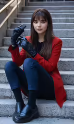 a woman with dark hair and long gloves posing