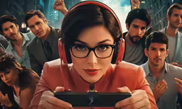 there is a girl wearing headphones looking at the camera