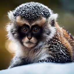 a snow covered monkey looking into the camera