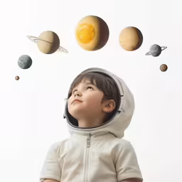 the little boy is wearing a hoodie with planets in front of him