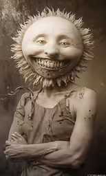 a creepy smiling woman wearing white make - up and large sun face