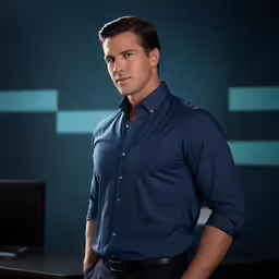 a man in a blue shirt is standing in front of a desk