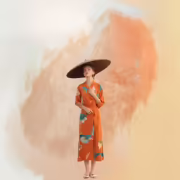 woman in traditional asian dress, hat and orange background