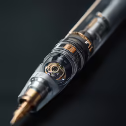 the pen is in a small, black and gold case