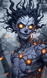 a demonic skeleton with glowing eyes and hair