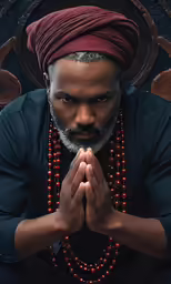 an indian man with his hands folded down with beaded beads around his wrists