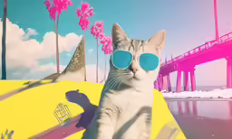 a white cat with shades in front of a yellow surfboard