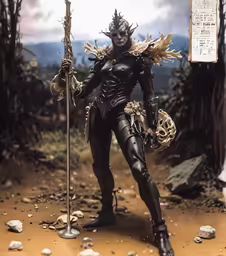 a male model dressed in black and gold is holding a spear