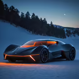 a futuristic car with glowing lights in the snow