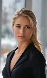 the beautiful blonde girl in the black jacket is posing