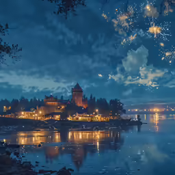 a small town with a large lake and trees around it at night