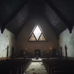 a dimly lit church with benches and windows