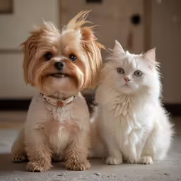 a small white dog sitting next to a white cat