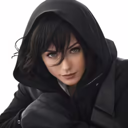 a woman in a hoody jacket is looking into the camera