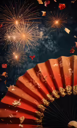 a red fan that is next to a firework