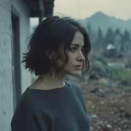 a young woman standing outside of an abandoned house