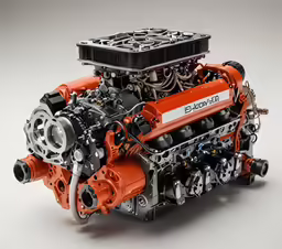 a red engine sitting next to a white car