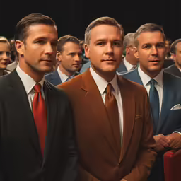 men in suit standing side by side in front of a crowd